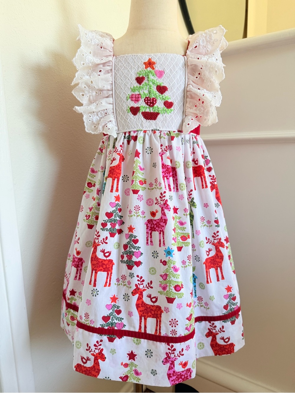 Smocked Sweets Christmas Reindeer Smocked Dress Girls 3T Pink Holiday Boutique